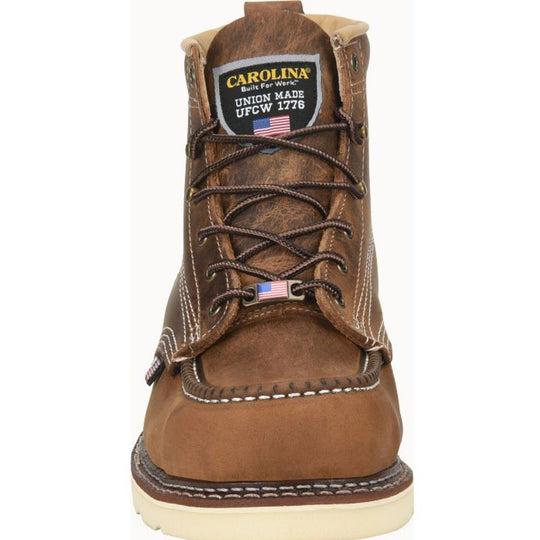 Brown lace-up moc work boot with a Union Made Carolina patch and U.S. flag on the tongue
