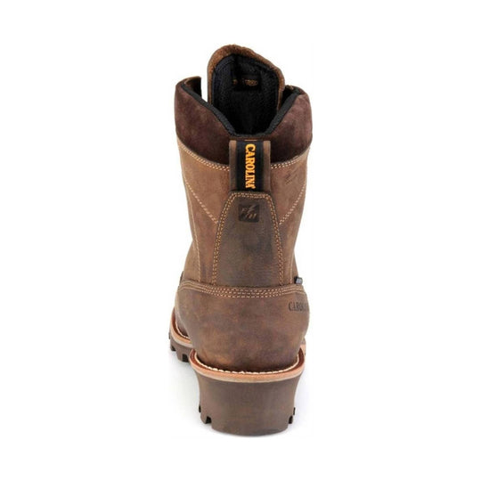 Brown leather boot with visible brand logo on a white background