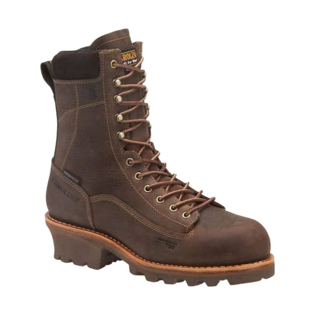 Brown leather boot with laces on a white background