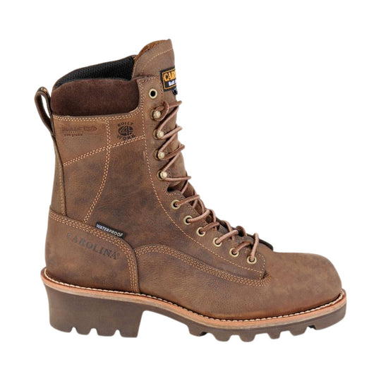 Brown leather boot with laces on a white background