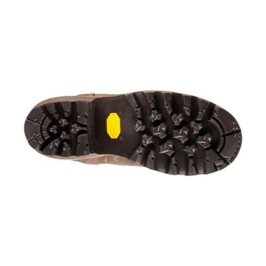 Close-up of a boot sole with a yellow label on a white background