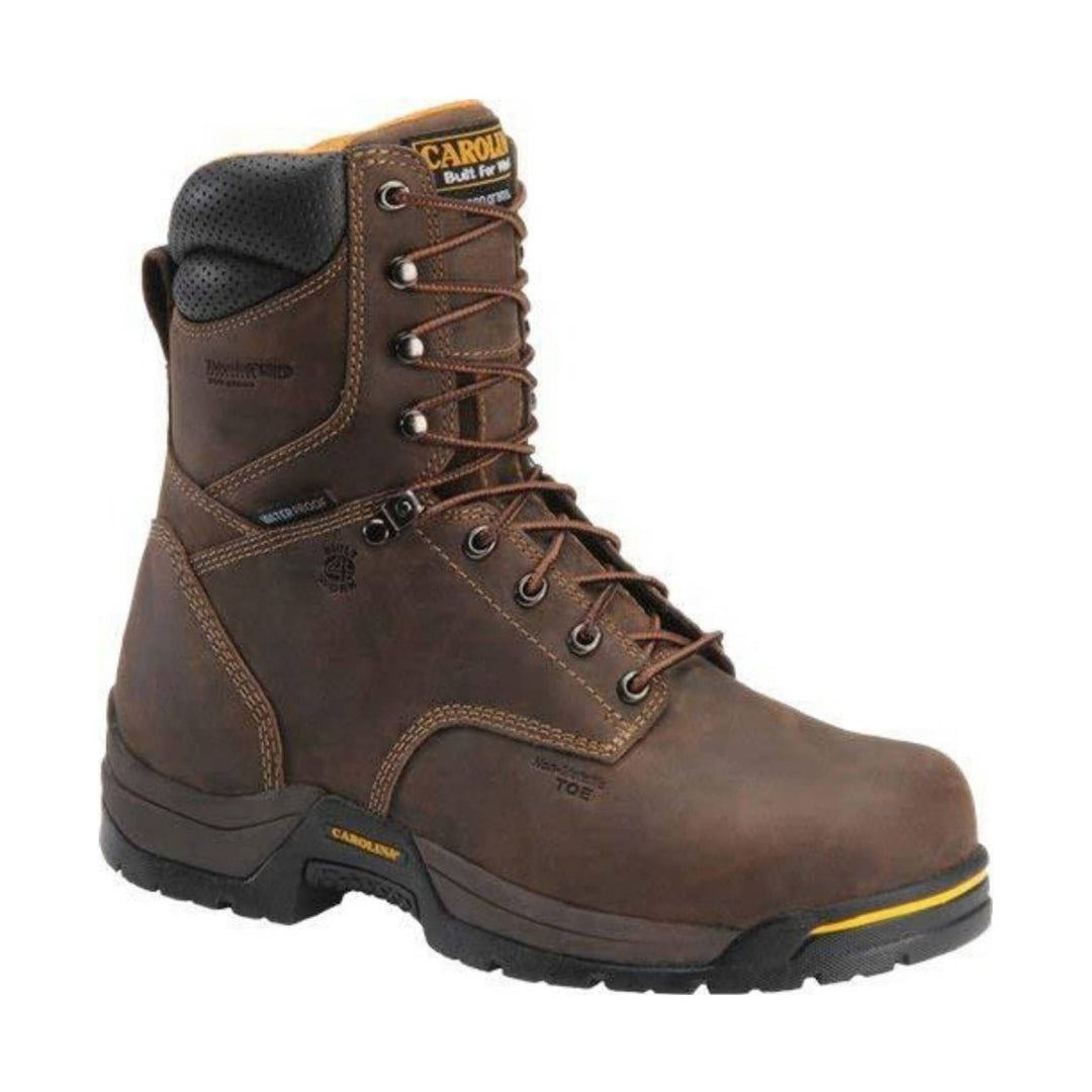 Brown work boot with visible brand logo on a white background
