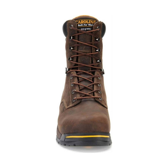 Brown work boot with laces on a white background