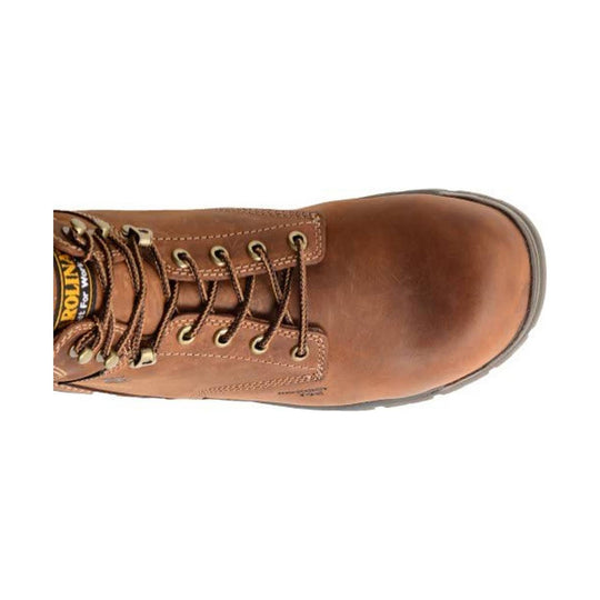 Brown leather work boot with metal eyelets, laces, and a rounded toe