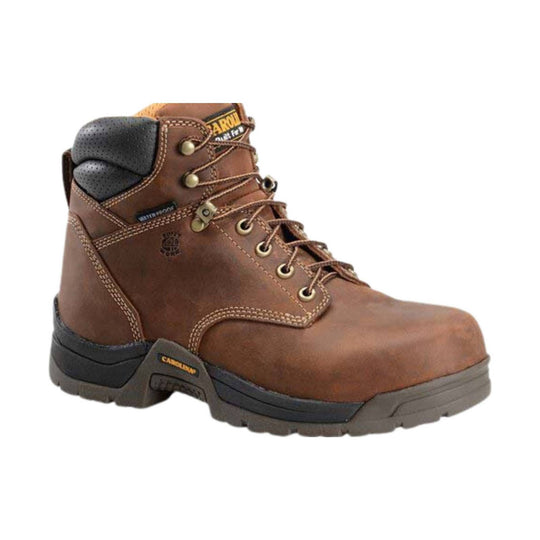 Brown leather work boot with padded ankle collar, metal eyelets, and black-and-gray outsole