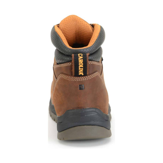 Brown leather work boot with black padded collar and orange lining, shown from the back