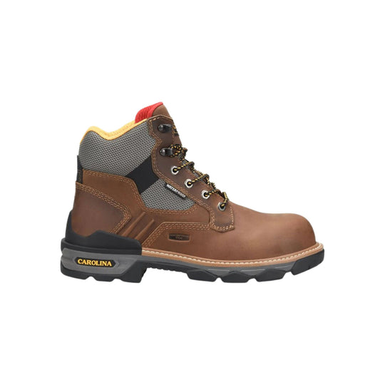 Brown work boot with visible brand name on a white background