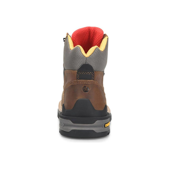 Back view of a work boot with brown, gray, and red colors on a white background
