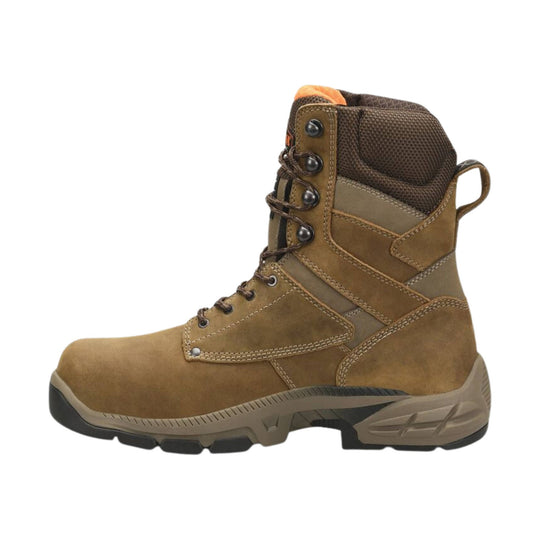 Brown insulated lace-up work boot with a composite toe and rugged tread outsole