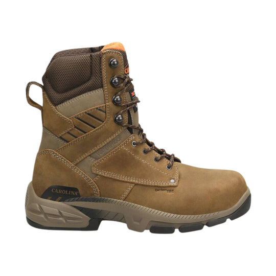 Brown lace-up work boot with mesh collar and rugged tread, side view
