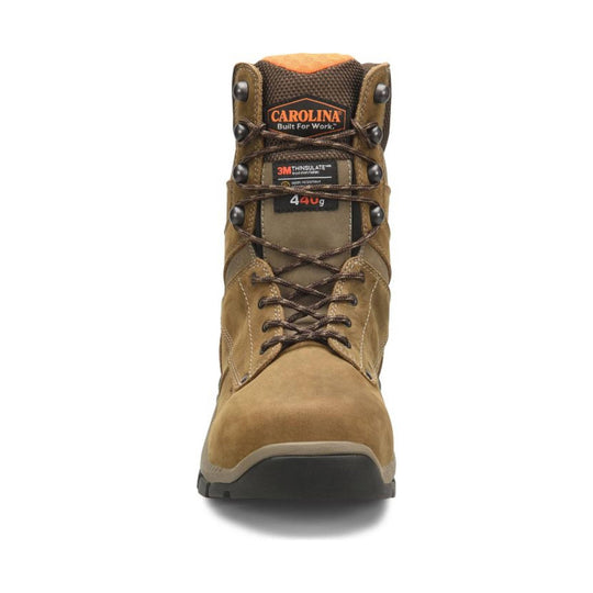 Brown insulated work boot with tan toe, black lug sole, and visible CAROLINA and 3M THINSULATE labels