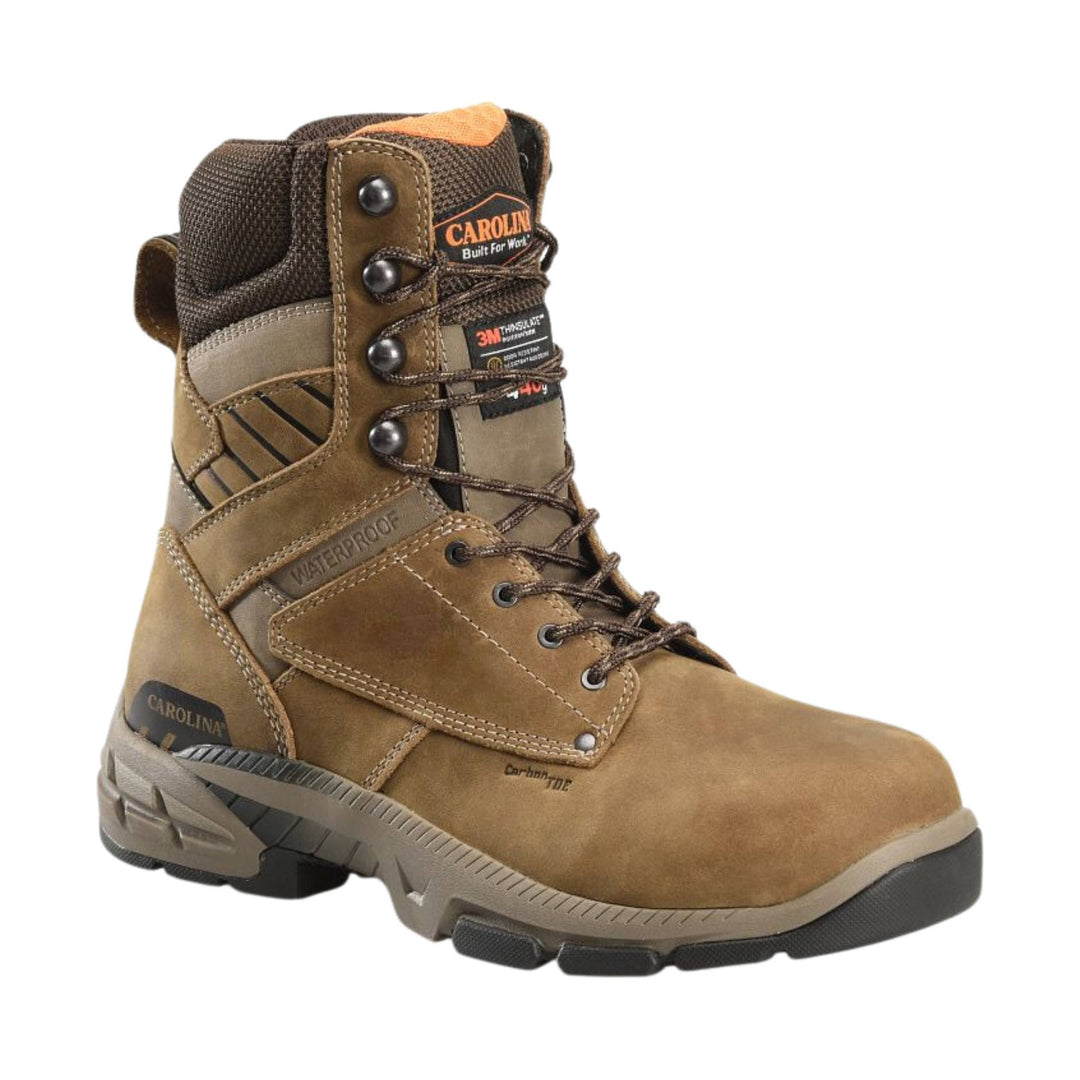 Brown insulated waterproof work boot with speed hooks, thick tread, and visible brand labels