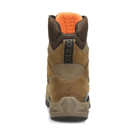 Brown and tan insulated work boot shown from the back