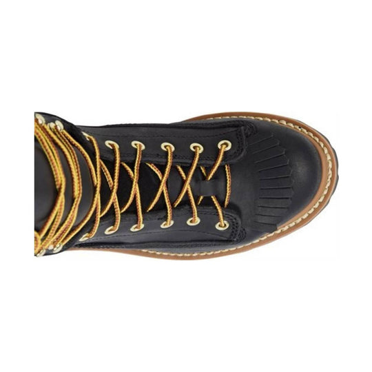Black boot with gold laces on a white background