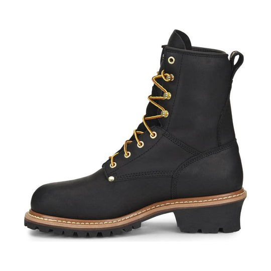 Black leather boot with gold laces on a white background