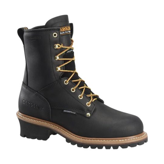 Black lace-up work boot with tan stitching and a lug sole