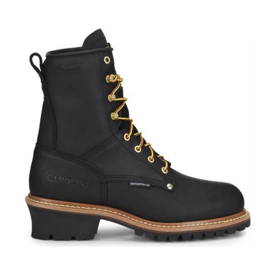 Black boot with gold laces on a white background