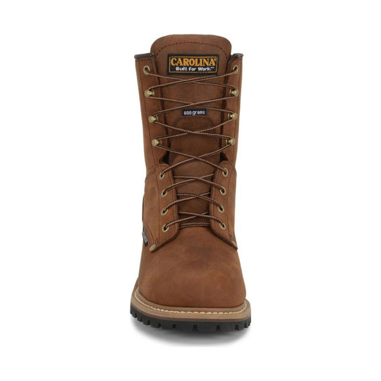 Brown work boot with laces on a white background