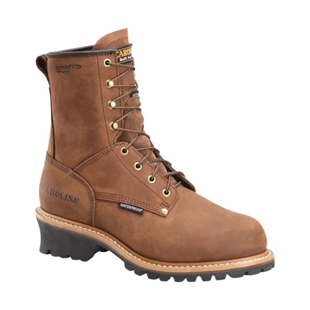 Brown leather boot with laces on a white background