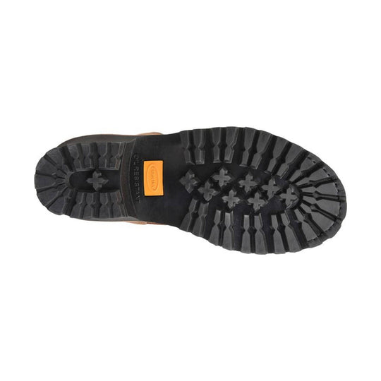 Close-up of a black boot sole with tread pattern on a white background