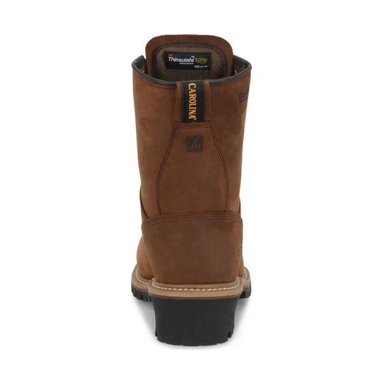 Brown leather boot with visible brand logo on a white background