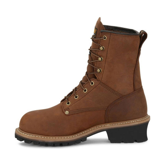 Brown leather boot with laces on a white background