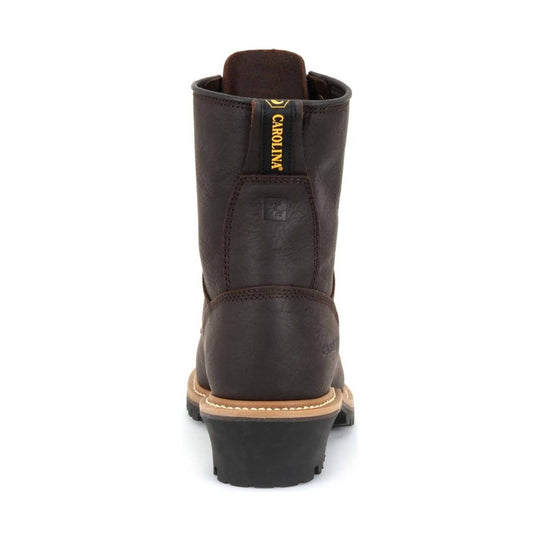 Brown leather boot with a visible brand logo on a white background