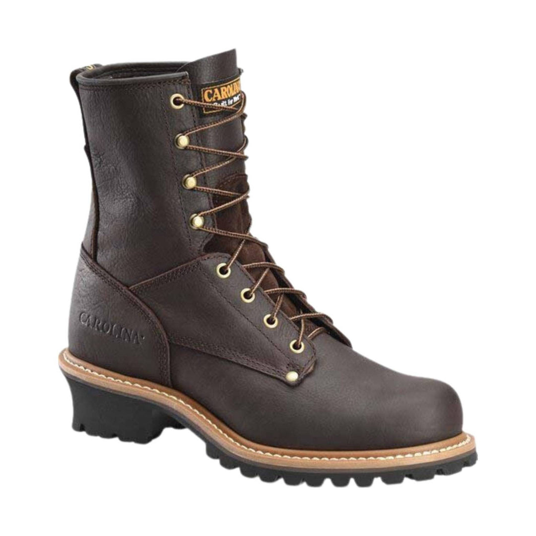 Brown leather lace-up logger work boot with a black lug sole and visible CAROLINA branding