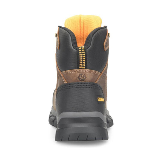 Rear view of black and brown work boot with yellow highlights