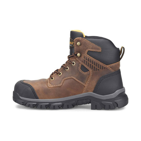 left side view of brown and black workboot