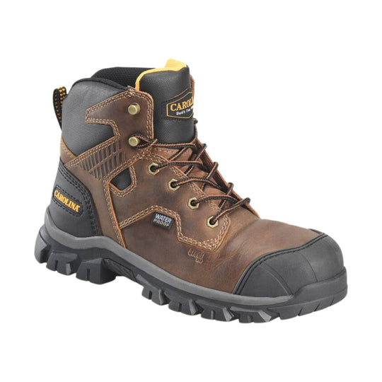 Right side view of brown and black boot with gold eyelets and yellow highlights