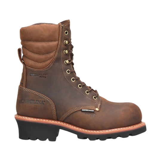 Brown leather insulated logger work boot with a black lug sole and side lacing
