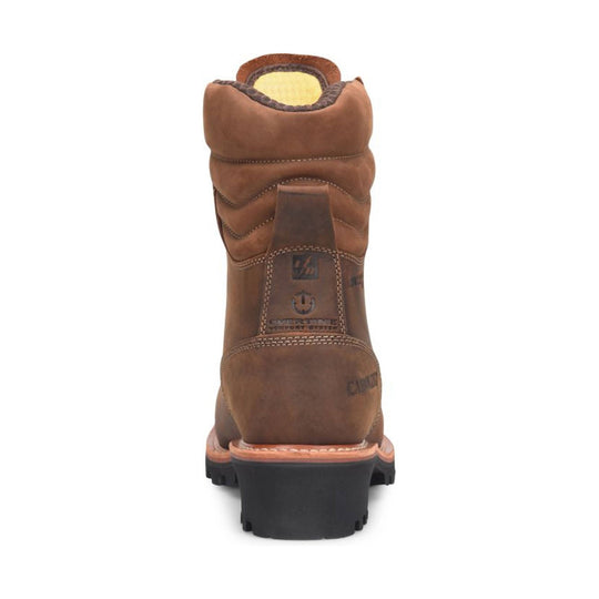 Brown leather logger work boot shown from the back with a black lug sole and visible heel branding
