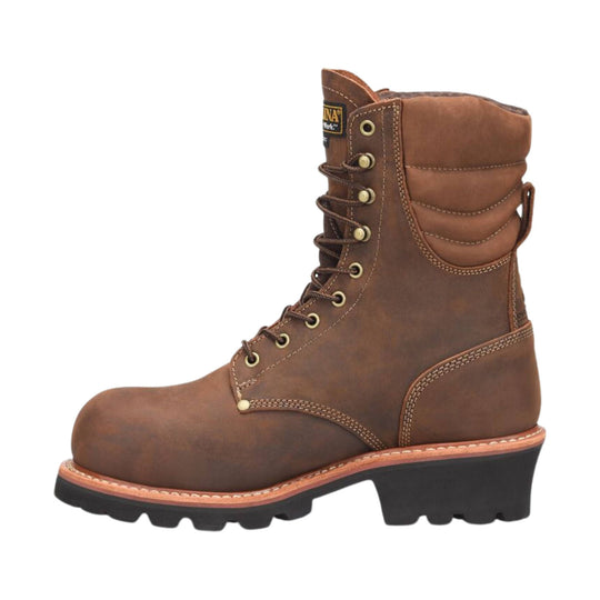 Brown lace-up logger work boot with padded collar and black lug sole