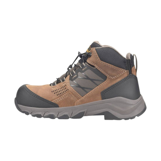 Brown and gray hiking boot on a white background