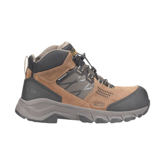 Brown and gray hiking boot with visible brand name on a white background
