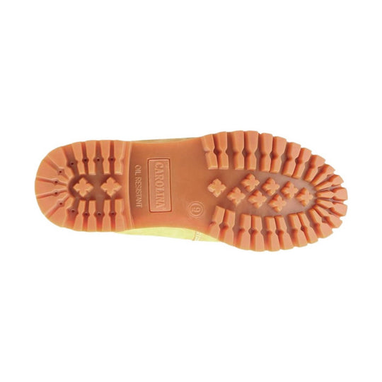 Close-up of a brown boot sole with a brand logo on a white background