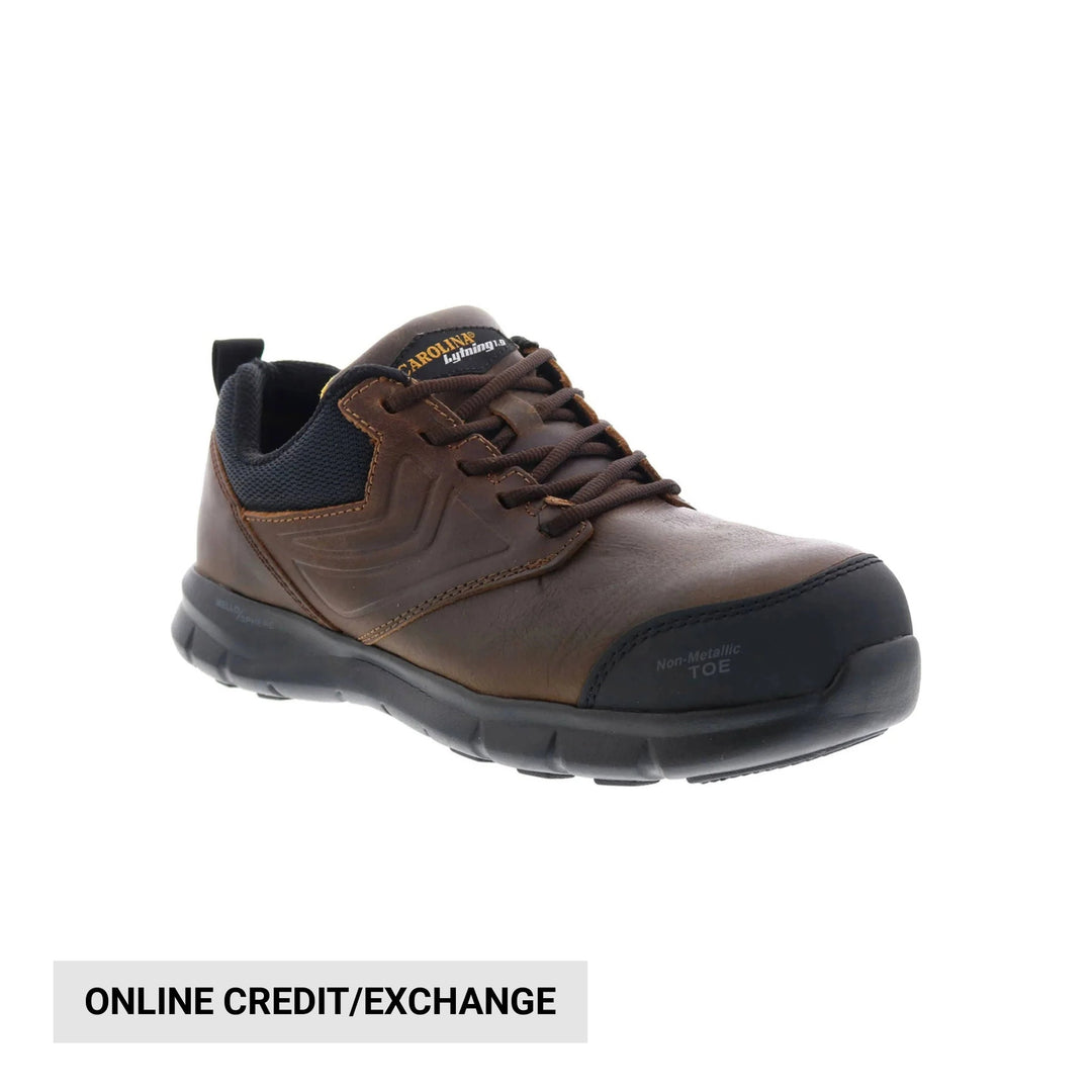 Brown lace-up work shoe with black toe cap and black sole, shown in side view