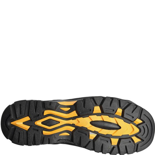 Black lugged work boot outsole with yellow tread inserts