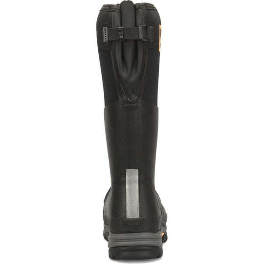 Black tall waterproof work boot with a buckled strap and reflective heel strip, rear view