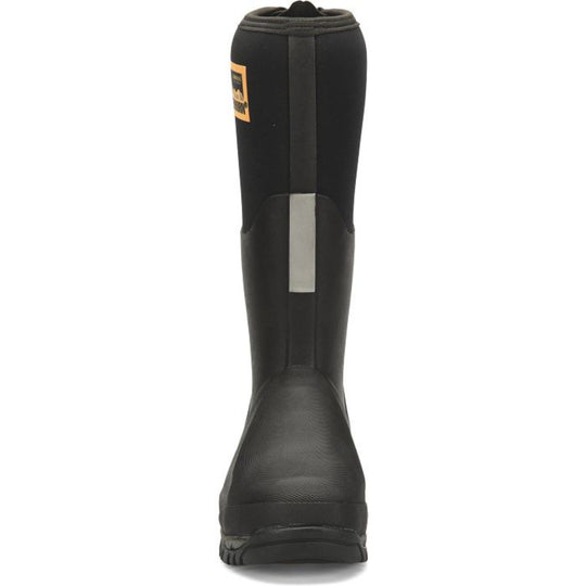 Black knee-high waterproof work boot with reflective strip and rugged tread sole