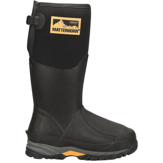 Black tall work boot with a rubber toe and treaded sole, shown in side view with a visible Matterhorn label