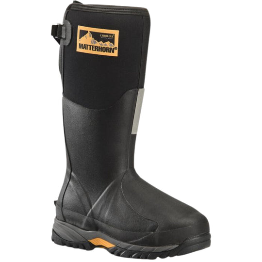Black tall waterproof work boot with a pull strap, side logo patch, and thick rugged sole