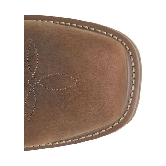 Brown leather boot toe with decorative stitching and welt seam