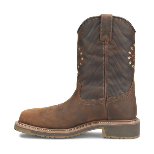 Brown leather pull-on cowboy work boot with a stitched shaft and star pattern
