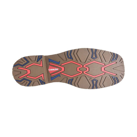 Brown work boot outsole with red and blue tread accents and CAROLINA branding