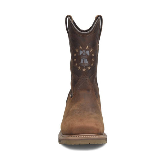 Brown leather pull-on work boot with a cowboy hat and stars emblem on the shaft