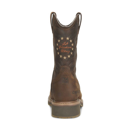 Brown leather cowboy boot shown from the back with star embroidery and "Freedom Ring" text.