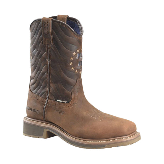 Brown pull-on work boot with stitched shaft, waterproof marking, and side pull tabs