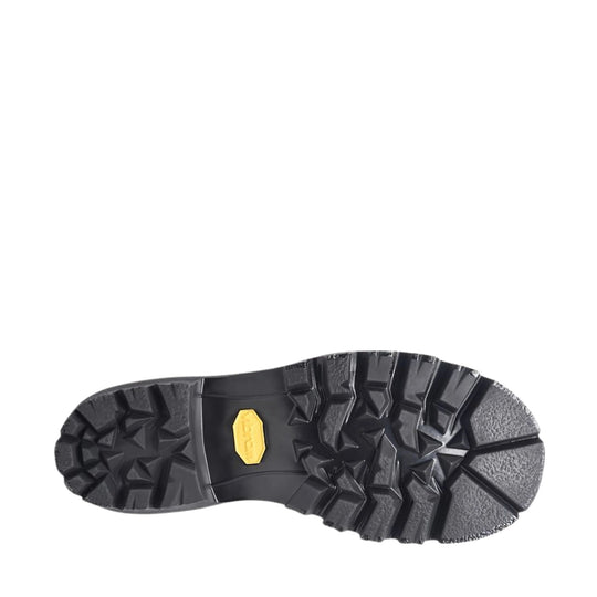 Black lugged work boot outsole with a yellow Carolina logo insert.